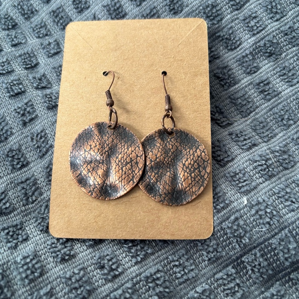 Solid Copper Textured Disc Dangle Earrings Boho R… - image 3